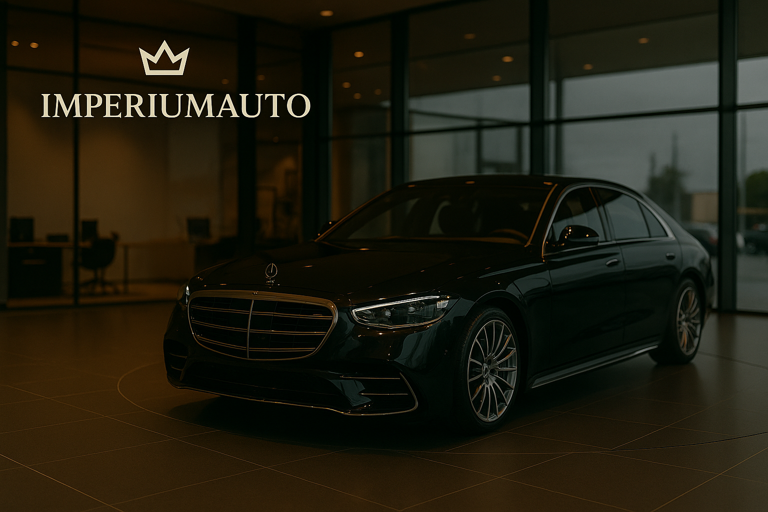 Премиальный шоу-рум ИмпериумАвто с черным Mercedes-Benz S-Класса на выставочной платформе
